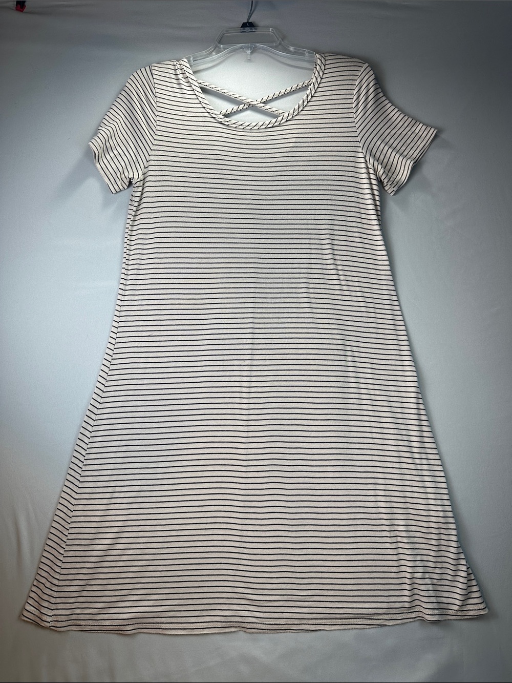 Olivia Rae Stripe Dress Short Sleeve A-Line Beige Black Stripes Criss Cross Back